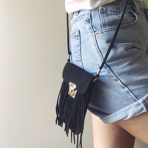 Little Crossbody Purse, Black with Fringe
